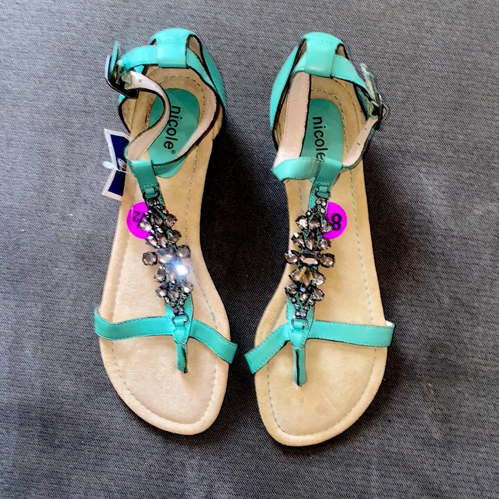 NWT Teal leather NICOLE sandals with gem stone adornments.